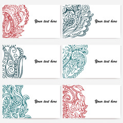Set of six business cards. Vintage pattern in retro style with doodle.