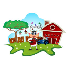 Cow playing guitar cartoon in a farm for your design