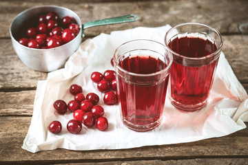 Two glasses with cherry juice on table, on wooden background