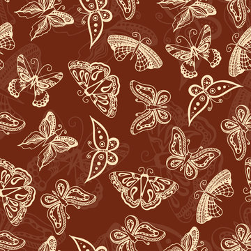 Butterflies silhouettes in hand-drawn style for tattoo design. Vector decorative doodle seamless.