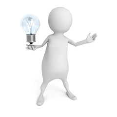 White 3d Person holding Light Bulb. Idea Concept