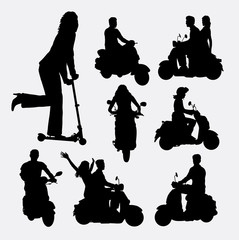People riding scooter silhouettes. Good use for symbol, web icon, logo, mascot, or any design you want. Easy to use. © ComicVector