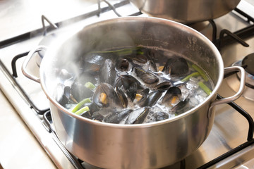 Boiling mussels in wine in a pot