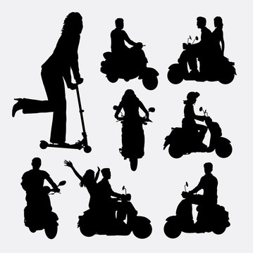 People riding scooter silhouettes. Good use for symbol, web icon, logo, mascot, or any design you want. Easy to use.