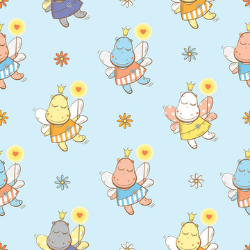 Vector seamless pattern with fairies hippopotamuses and in the flowers on a blue background.