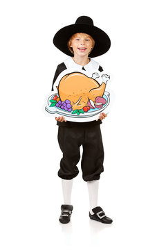 Thanksgiving: Boy Holding Turkey Illustration