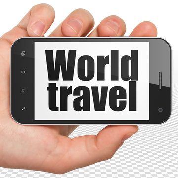 Tourism concept: Hand Holding Smartphone with World Travel on