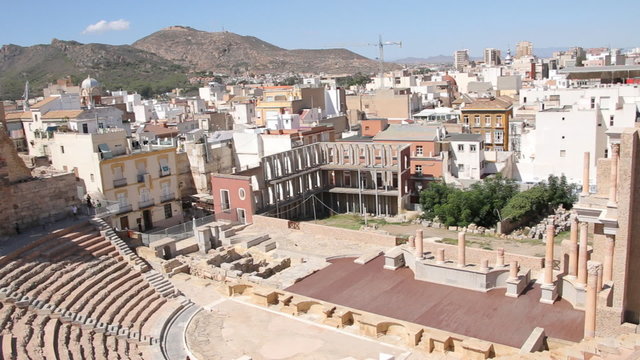 A slow pan of the Amphitheater Romano inside, Cartagena, Spain