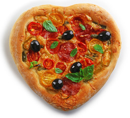 Heart shaped pizza isolated on white