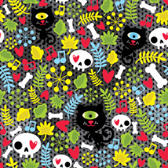 Cute monsters cats and skulls in love.