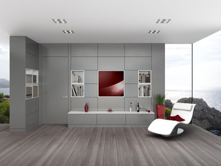 3D rendering eines modernen Wohnzimmers mit Meerblick