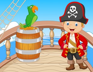 Cartoon pirate on the ship with green parrot © tigatelu