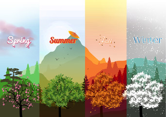 Four Seasons Banners with Abstract Forest and Mountains - Vector Illustration - 92203986