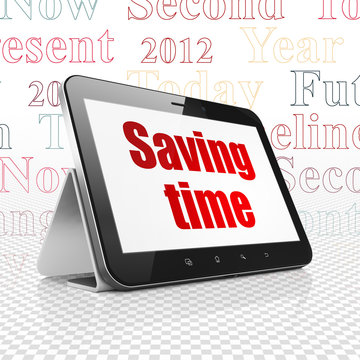 Timeline concept: Tablet Computer with Saving Time on display