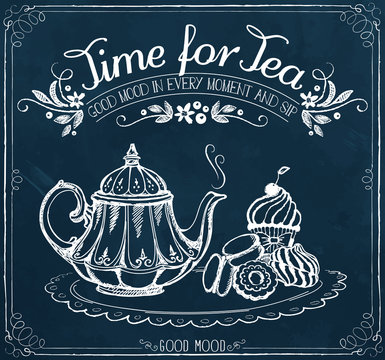 Retro illustration Time for tea with teapot and sweet pastries