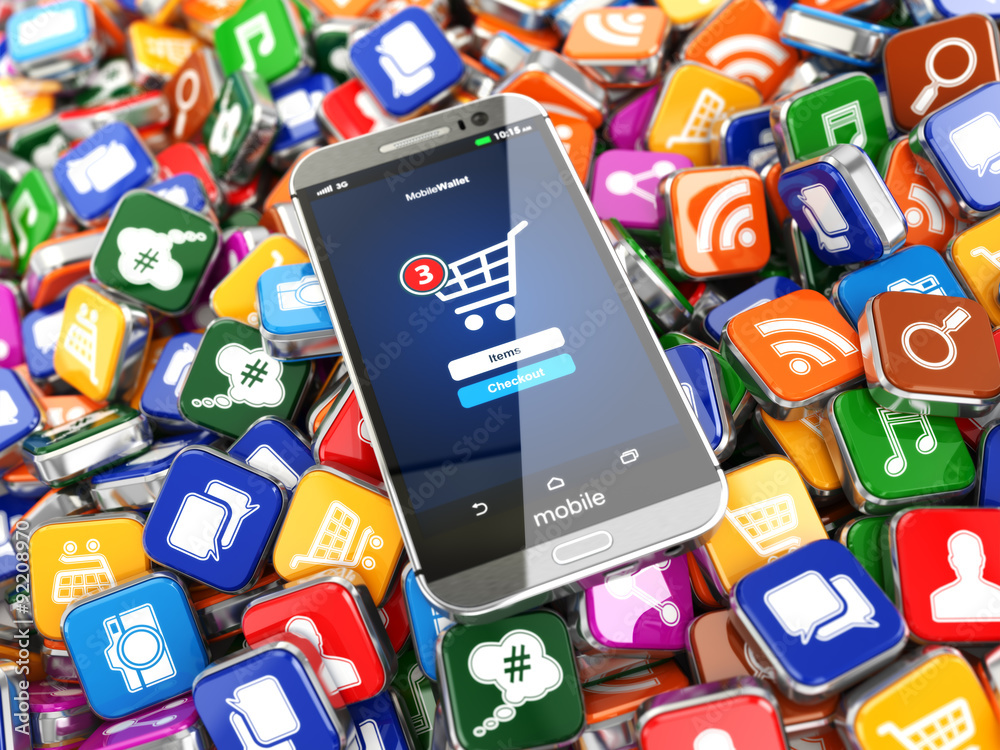 Poster smartphone apps. mobile phone on the application software icons