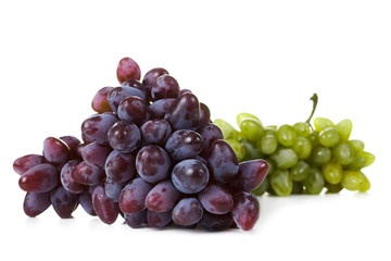 Two varieties ripe grapes on a white background