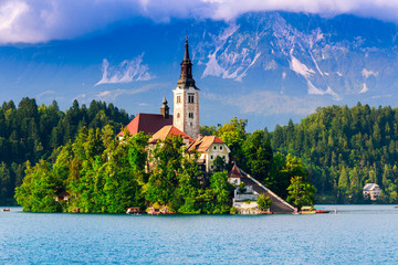 Bled with lake, island, castle and mountains