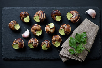 Stone slate plate with uncooked escargots de bourgogne, top view