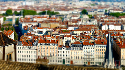 Lyon city bird-fly view in tilt-shift