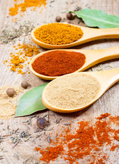 Spice powder on a wooden background. Closeup on paprika, curry and ginger.