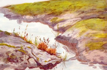 Watercolour view with rock shore of brook with grass and moss