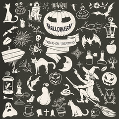 Halloween Set of Freehand Spooky Decor and Mystical Characters