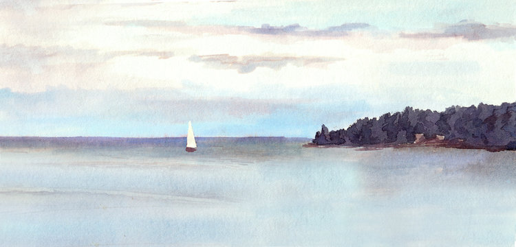Watercolor landscape - island, sky with clouds and white sail.