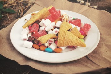 Mixed halloween candy with chocolate and marshmallow