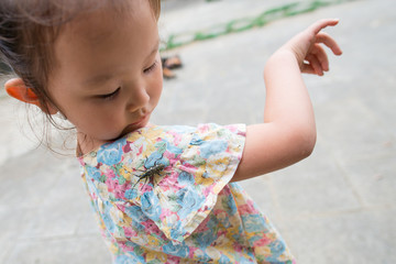 カミキリムシが服にとまった女の子