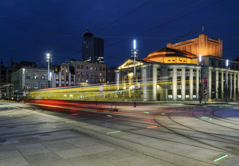 Wyspianski Theatre, and the tram in the evening. Katowice © velishchuk
