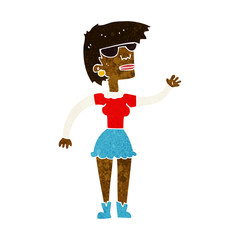 cartoon woman in spectacles waving