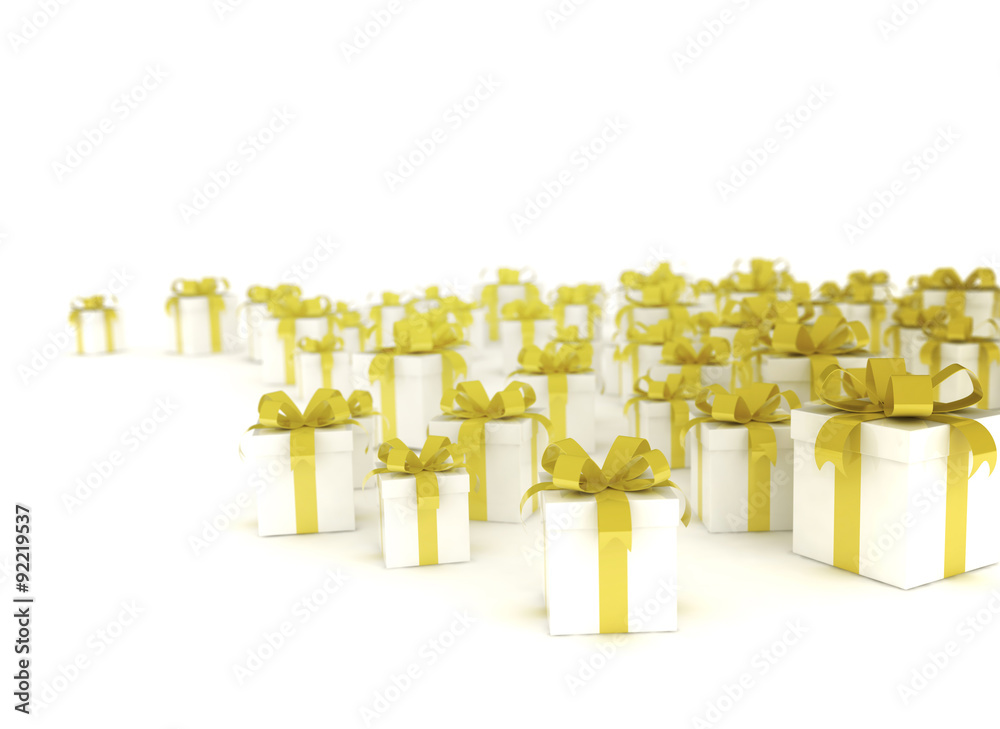 Wall mural group of golden ribbon gift boxes on white background