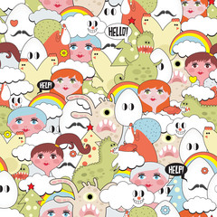 Crazy seamless pattern with strange creatures.
