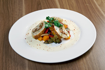 Salad with eggplant, chicken