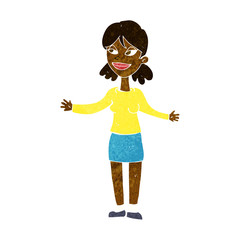 cartoon happy woman shrugging shoulders