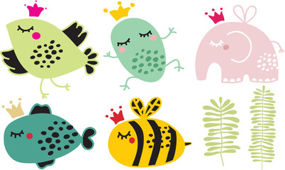 Cute animals in crown set. © Eka Panova