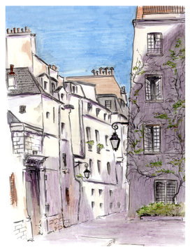 Painting of street of european city Paris