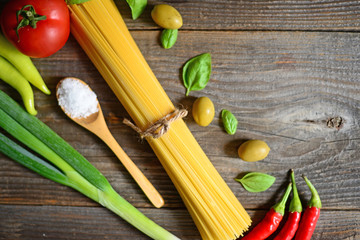Ingredients for spaghetti , close up
