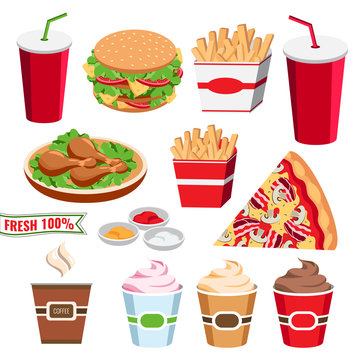 Set of colorful fast food icons. Flat fast food cartoon style burger, ice cream, coffee, pizza, soda, french fies, chiken.