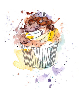 Cupcake cake with chocolate and blueberry berry. Watercolor