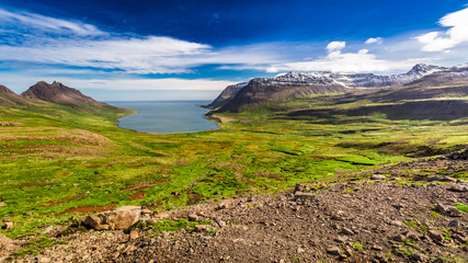 Valley stretching from the Arctic sea to the mountains in Iceland