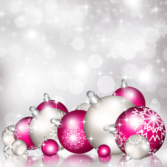 Background with Christmas baubles and snowflakes, illustration.