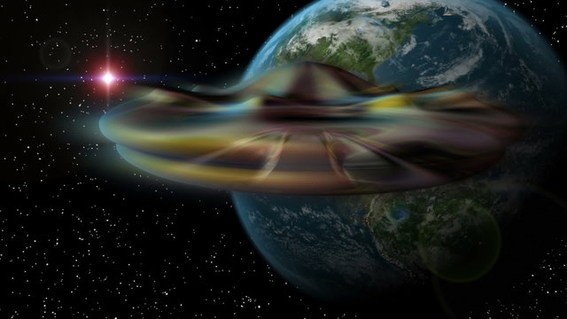 UFO 007: In space a glowing UFO flies towards Earth.