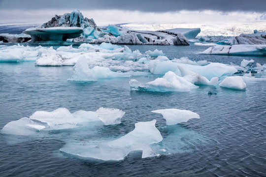 Huge icebergs floating on the lake, Iceland