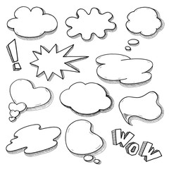Vector speech bubble set in comics style, hand drawn sketch thought cloud
