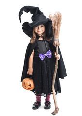little witch with a broom and pumpkin