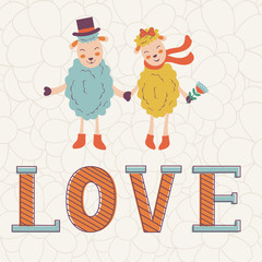 Cute Valentines day card with word love and cute happy sheeps