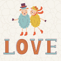 Cute Valentines day card with word love and cute happy sheeps