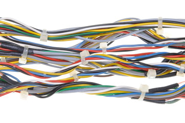 Bundles of network cables with cable ties isolated on white background